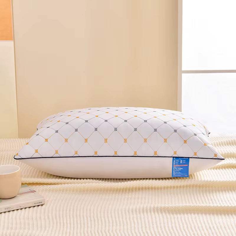 Orthopedic pillow for cervical support with high resilience non-collapsing core in white patterned cover for home or dorm use