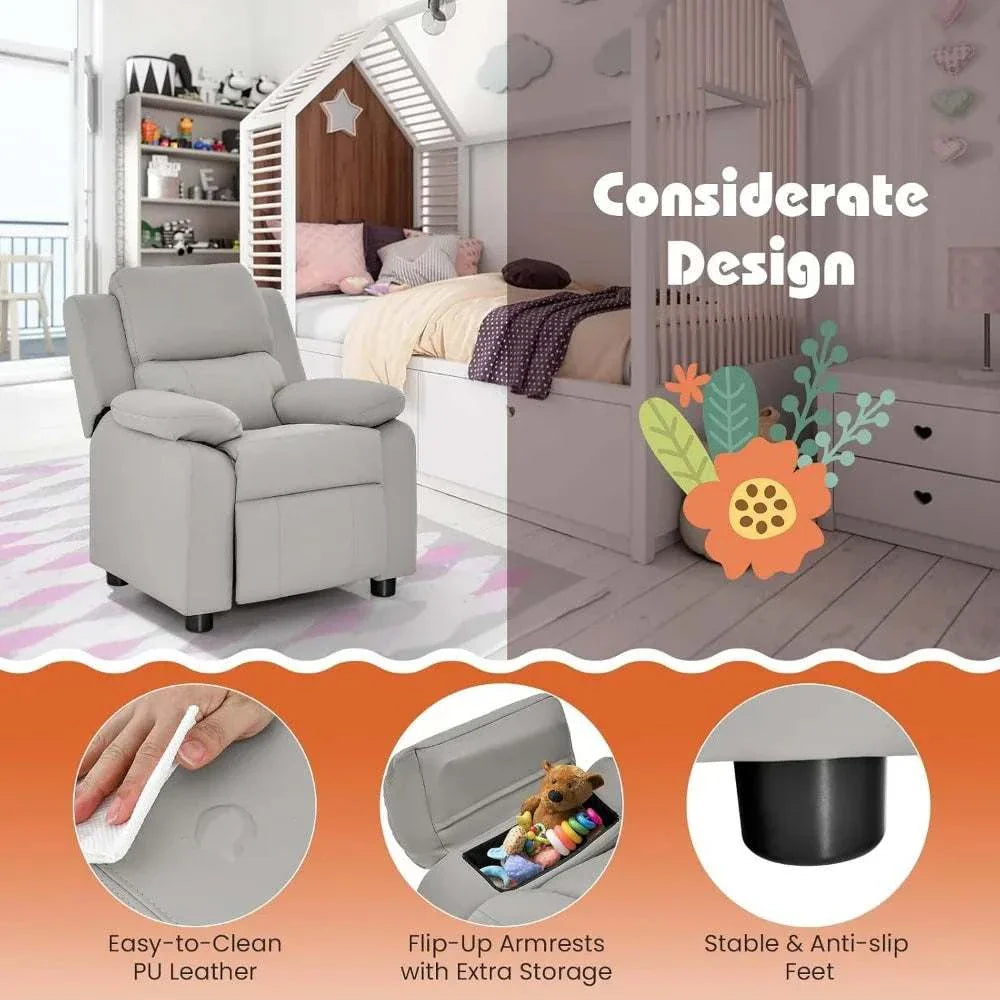 Children'S Leather Reclining Chair with Footrest, Armrest Storage, Headrest, and Lumbar Support, Ergonomic Lounge Chair for Comf