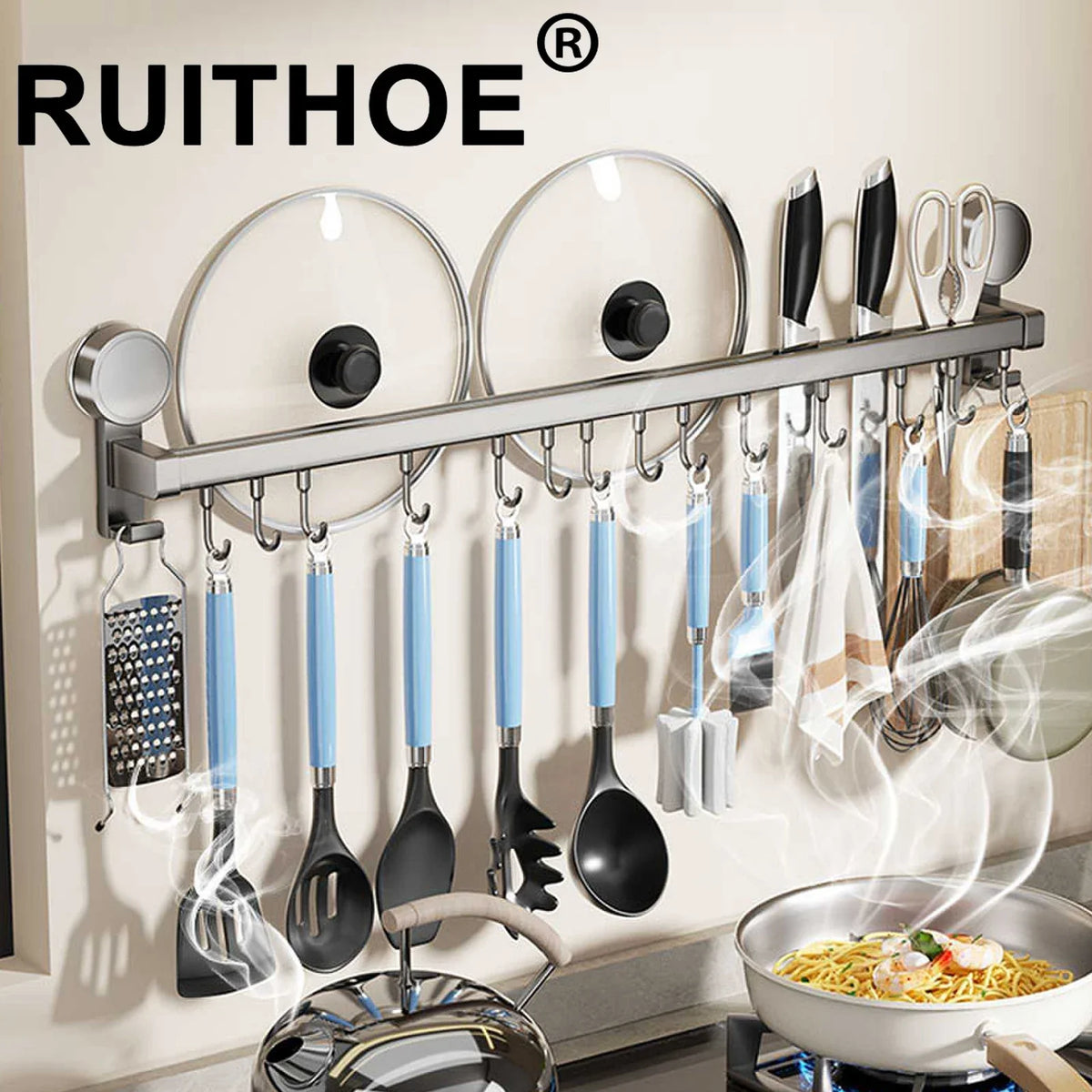 Wall Mounted Kitchen Hook Rack No-Punching Wall Hangers Rail Kitchen Utensils Rack Spoon Shovel Chopping Board Storage Rack