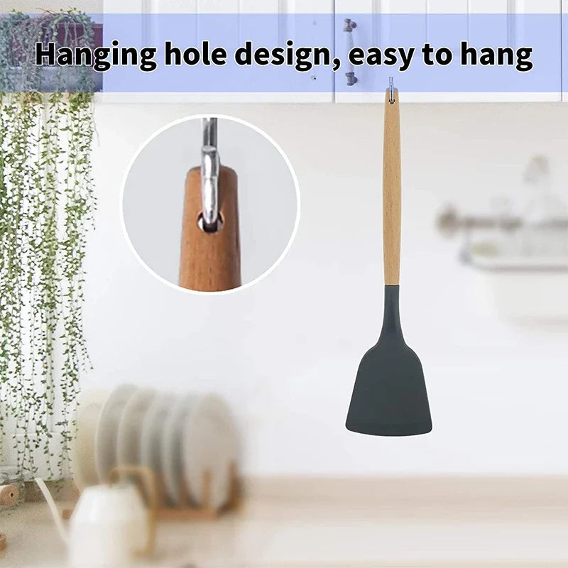 Non-Stick Silicone Spatula Wooden Turner Pancakes Frying Pan Shovel Meat Egg Scraper Turners Food Lifters Kitchen Cooking Tool