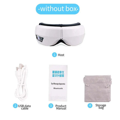 Smart Portable Vibration Eye Massager with Bluetooth, airbag compress, USB cable, product manual, and storage bag for eye care and relaxation