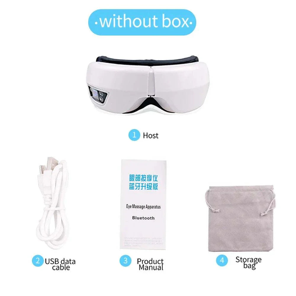 Smart Portable Vibration Eye Massager with Bluetooth, airbag compress, USB cable, product manual, and storage bag for eye care and relaxation