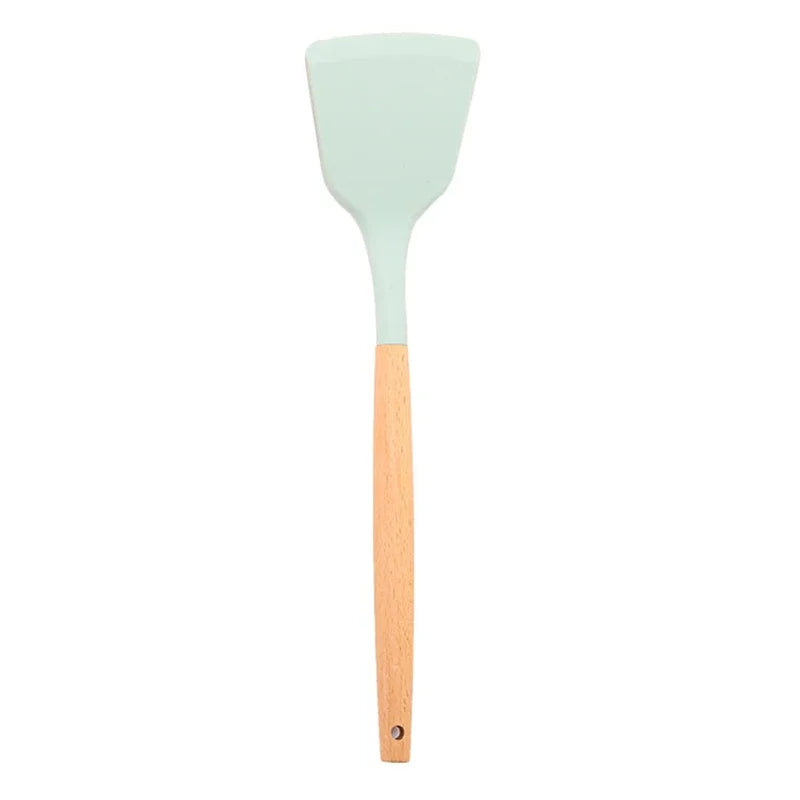 Non-stick silicone spatula with wooden ergonomic handle for cooking and frying