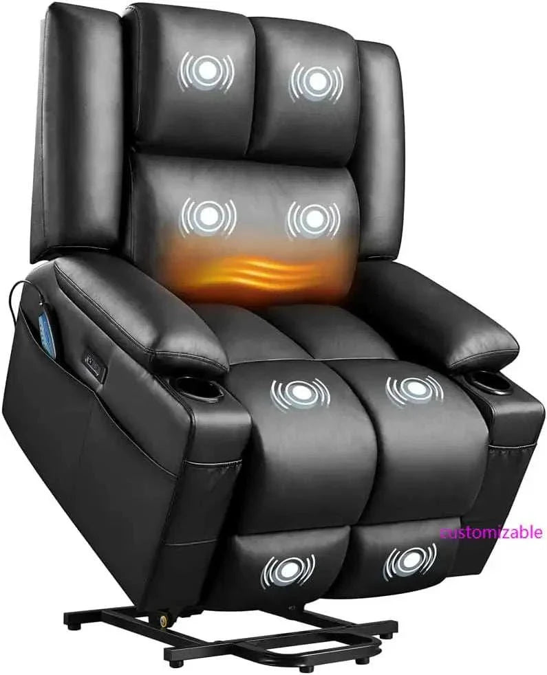Large black electric power lift recliner chair with PU leather, massage, heat, USB ports, cup holders, and ergonomic design for elderly