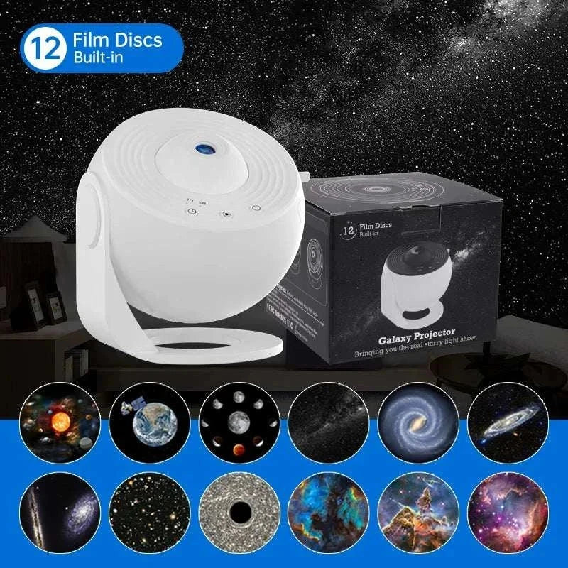 White 360° rotating night light galaxy projector with 12 built-in film discs showing stars and planets for kids bedroom and decorative use