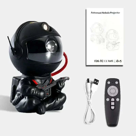 Black astronaut-shaped galaxy projector with remote control and USB cable for starry night light ambiance