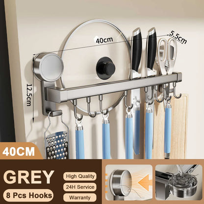 Wall Mounted Kitchen Hook Rack No-Punching Wall Hangers Rail Kitchen Utensils Rack Spoon Shovel Chopping Board Storage Rack
