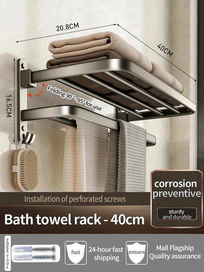 Grey black 40CM-60CM wall-mounted aluminum bath towel rack with foldable design and corrosion resistance