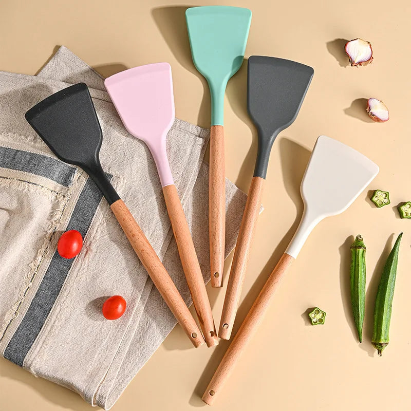 Non-Stick Silicone Spatula Wooden Turner Pancakes Frying Pan Shovel Meat Egg Scraper Turners Food Lifters Kitchen Cooking Tool