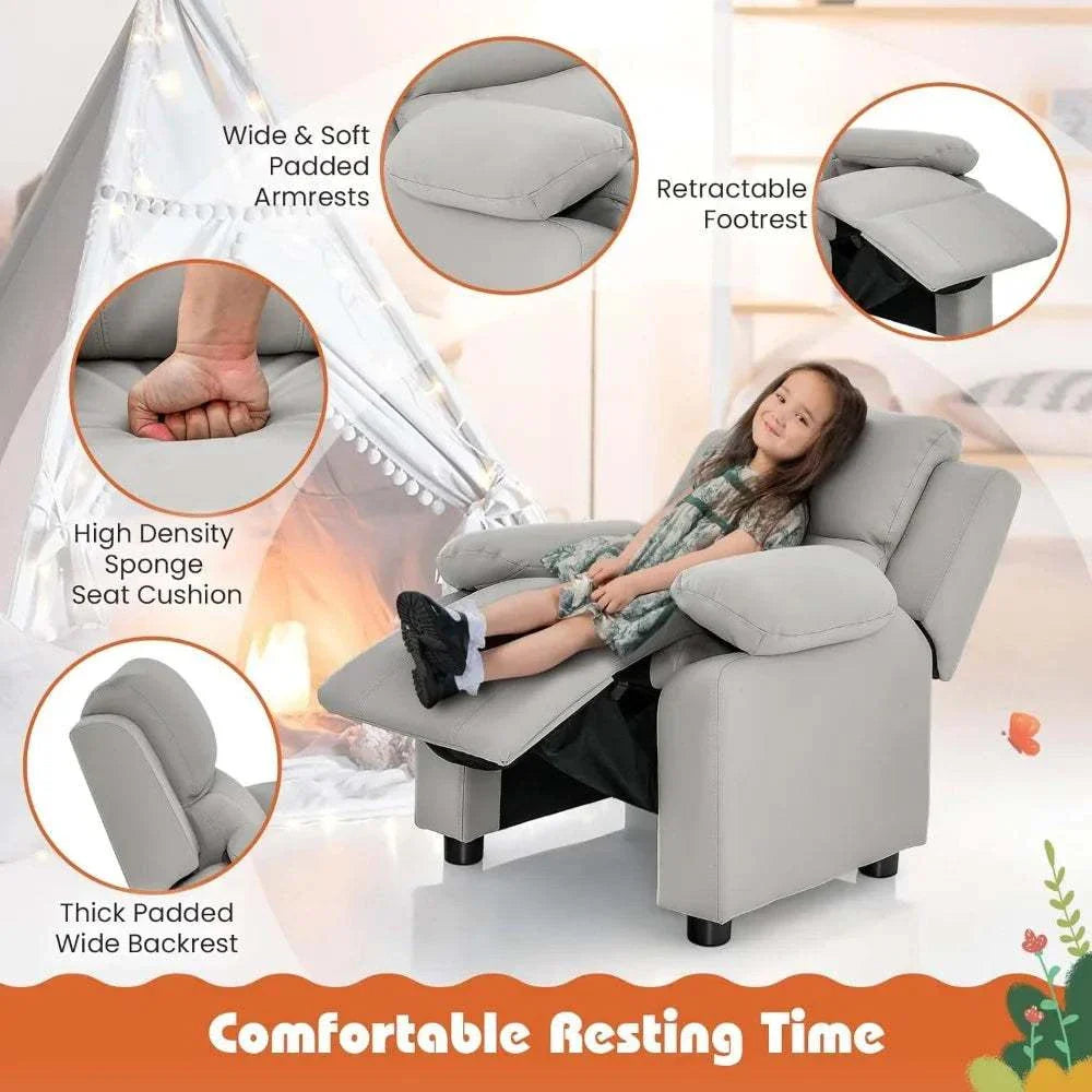 Children'S Leather Reclining Chair with Footrest, Armrest Storage, Headrest, and Lumbar Support, Ergonomic Lounge Chair for Comf