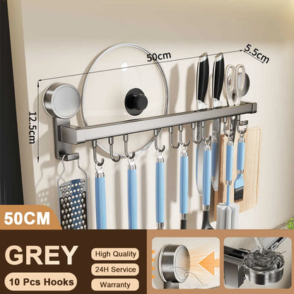 Wall Mounted Kitchen Hook Rack No-Punching Wall Hangers Rail Kitchen Utensils Rack Spoon Shovel Chopping Board Storage Rack