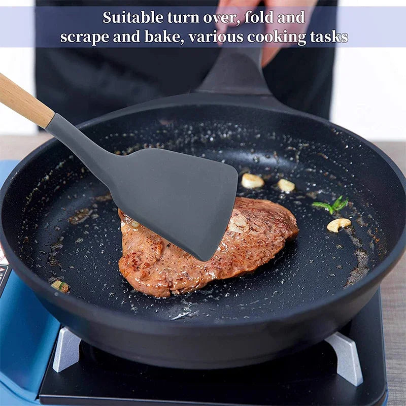 Non-Stick Silicone Spatula Wooden Turner Pancakes Frying Pan Shovel Meat Egg Scraper Turners Food Lifters Kitchen Cooking Tool