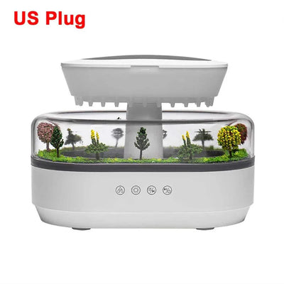 Aroma humidifier with raindrop design, ultrasonic essential oil diffuser, colorful night light, white noise, and miniature landscape decoration.