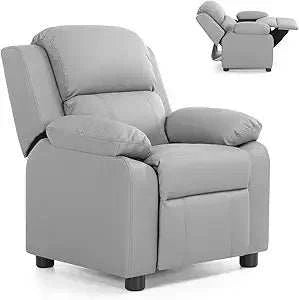Grey children's leather reclining chair with footrest, armrest storage, headrest, and lumbar support for ergonomic comfort