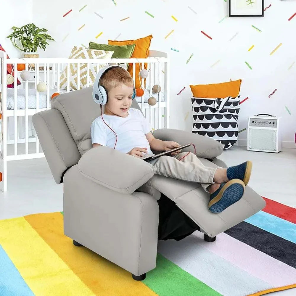 Children'S Leather Reclining Chair with Footrest, Armrest Storage, Headrest, and Lumbar Support, Ergonomic Lounge Chair for Comf