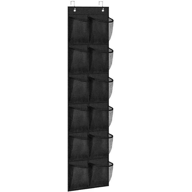 Black over the door shoe rack with 24 large mesh pockets for organizing shoes and accessories