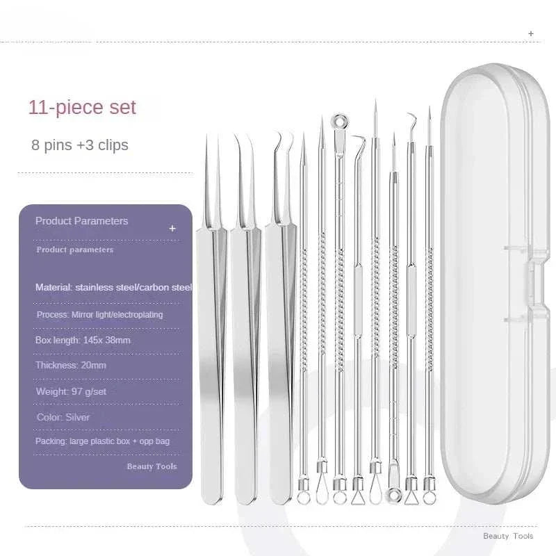 11-piece stainless steel blackhead remover tools kit with ergonomic handles and storage case for acne and blemish extraction