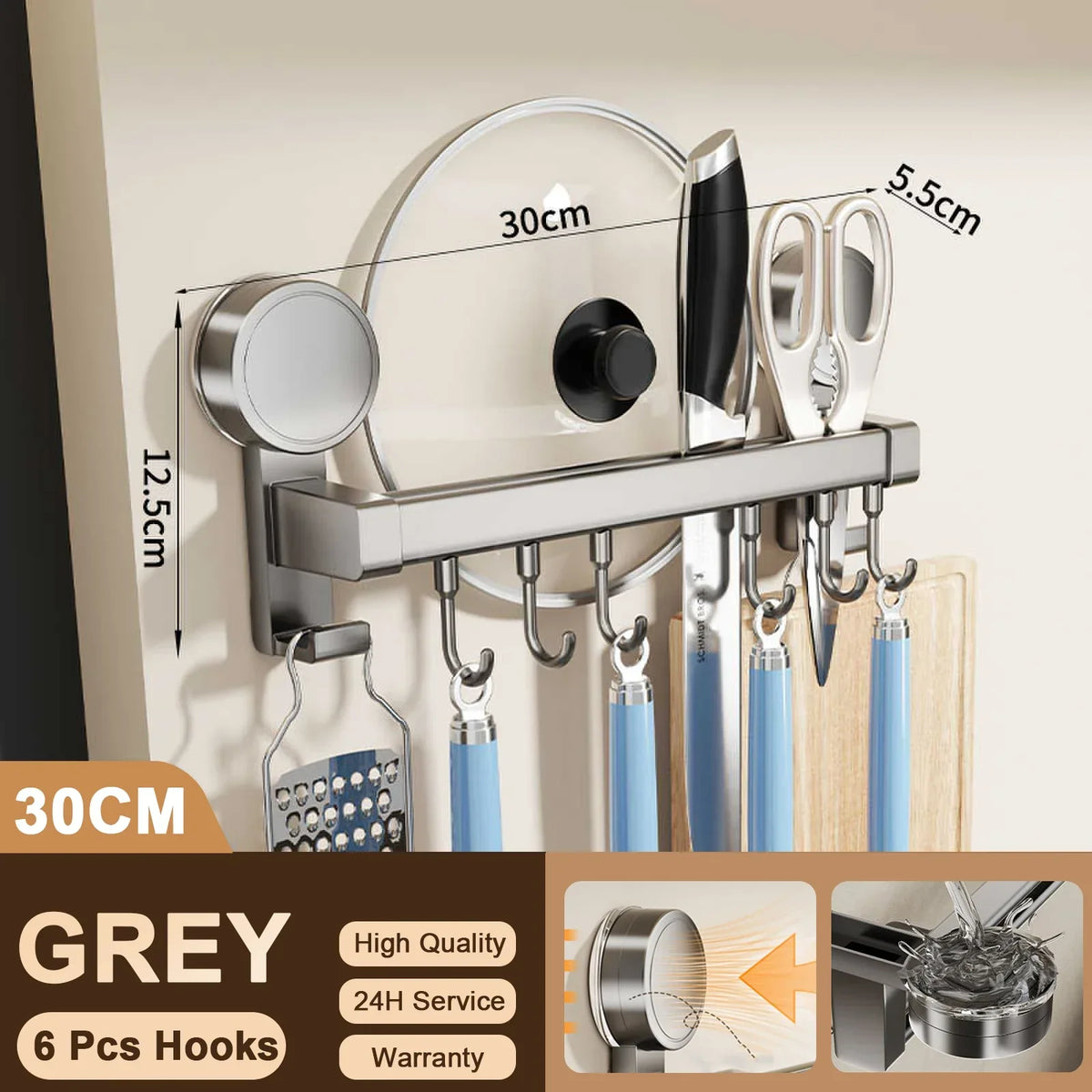 Grey wall mounted kitchen hook rack with 6 hooks for utensils, no-punching installation, 30cm length.