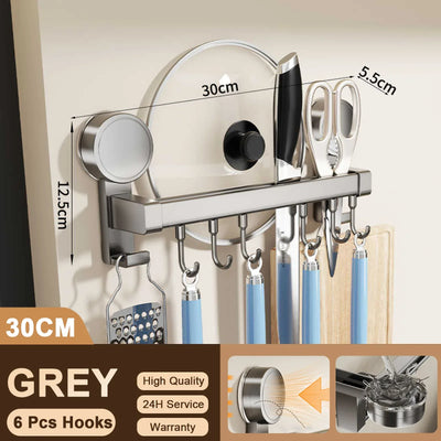 Grey wall mounted kitchen hook rack with 6 hooks for utensils, no-punching installation, 30cm length.