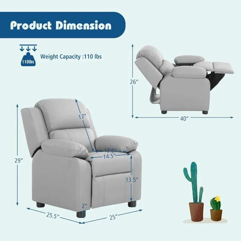 Children'S Leather Reclining Chair with Footrest, Armrest Storage, Headrest, and Lumbar Support, Ergonomic Lounge Chair for Comf