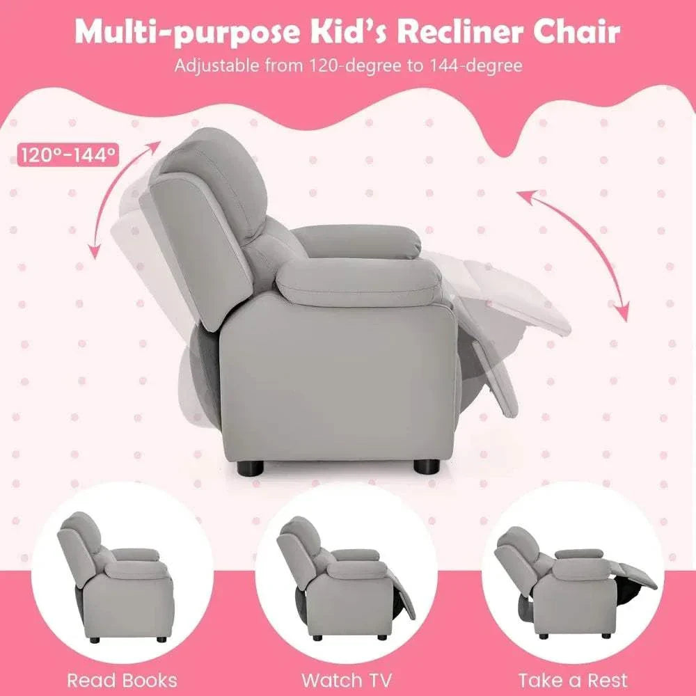 Children'S Leather Reclining Chair with Footrest, Armrest Storage, Headrest, and Lumbar Support, Ergonomic Lounge Chair for Comf