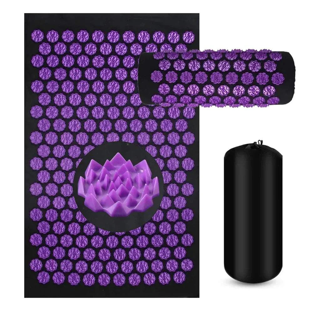 ELEVORA acupressure yoga mat with purple spikes, pillow, and black carrying bag for muscle relaxation and massage
