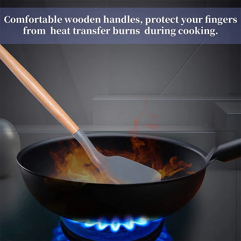Non-Stick Silicone Spatula Wooden Turner Pancakes Frying Pan Shovel Meat Egg Scraper Turners Food Lifters Kitchen Cooking Tool
