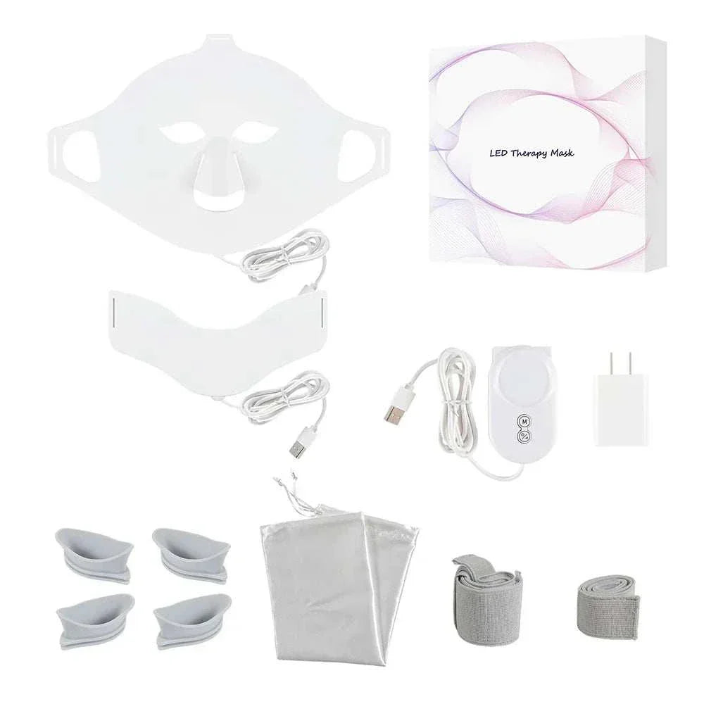 7 Colors LED Therapy Mask with silicone face and neck masks, eye patches, remote control, and accessories for home skincare.