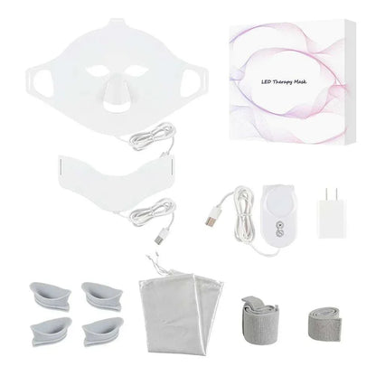 7 Colors LED Therapy Mask with silicone face and neck masks, eye patches, remote control, and accessories for home skincare.