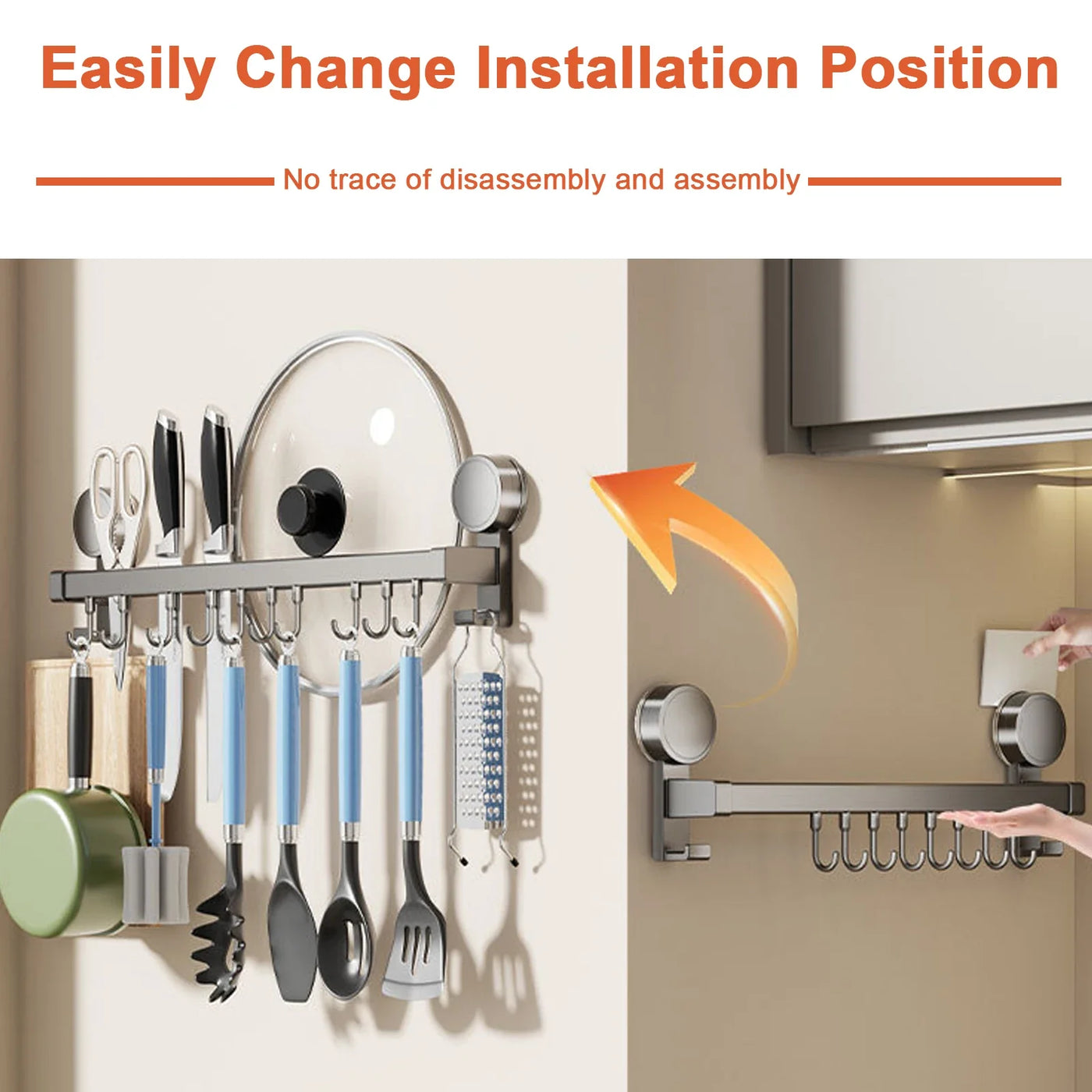 Wall Mounted Kitchen Hook Rack No-Punching Wall Hangers Rail Kitchen Utensils Rack Spoon Shovel Chopping Board Storage Rack