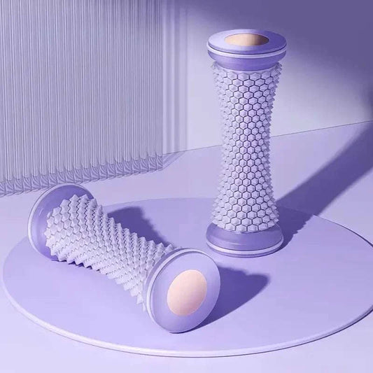 Portable foot massager roller with deep tissue massage spikes for plantar fasciitis relief and nerve relaxation in purple color