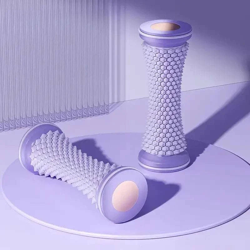 Portable foot massager roller with deep tissue massage spikes for plantar fasciitis relief and nerve relaxation in purple color