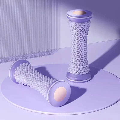 Portable foot massager roller with deep tissue massage spikes for plantar fasciitis relief and nerve relaxation in purple color