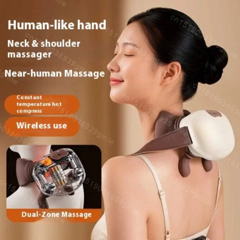 Wireless neck shoulder massager with human-like kneading hand design and dual-zone heat compression for muscle relaxation