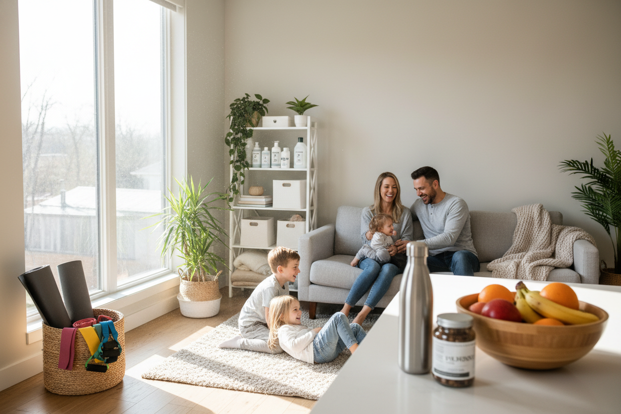 Happy family in a home with the componets health and well ness and home essentials